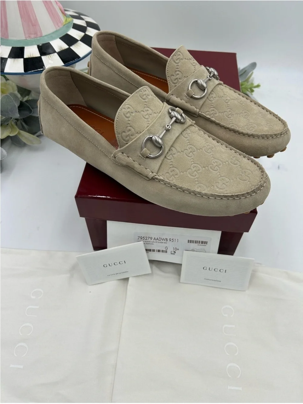 Men’s Gucci suede oatmeal horse bit driver loafer size 10.5 fits 11.5 US